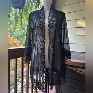 Frederick's of Hollywood Sheer Black Floral Lace Kimono Robe. Size small.